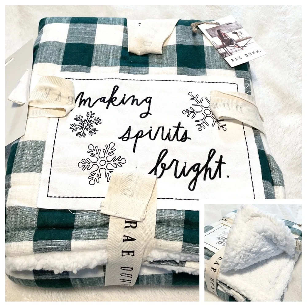NWT Rae Dunn MAKING SPIRITS BRIGHT Buffalo Check Sherpa Blanket Throw